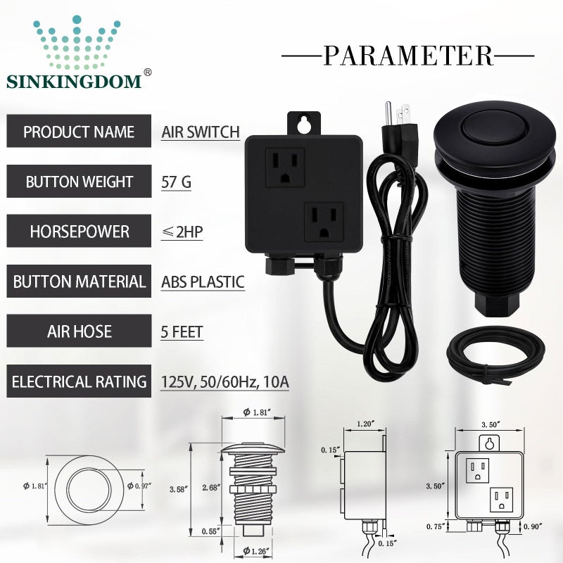 SINKINGDOM Garbage Disposal Air Switch Kit Sink Top with Long Button,Matte Black(Brass cover) - Image 2